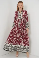 Kadın Desenli Uzun Tesettür Elbise 2585 - Bordo