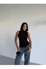 Women's Black Turtleneck Sleeveless Sandy Crop Blouse HZL26S-FRY123931 Women's Black Turtleneck Sleeveless Sandy Crop Blouse HZL26S-FRY123931