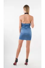 Kadın Mavi Halter Yaka Saten Kumaş Sırt Dekolteli Mini Elbise HZL24S-YY262