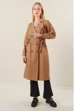 Women's Camel Double-Breasted Belted Unlined Seasonal Comfortable Trench Coat HZL22S-BD158531