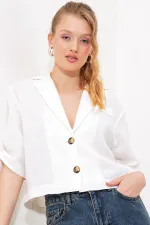 Kadın Beyaz Çift Düğmeli Oversize Crop Keten Ceket 0706