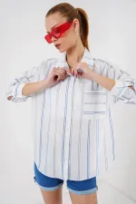 Kadın Çizgili Oversize Gömlek 20278 - Beyaz