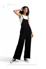 Kadın Siyah Ayarlanabilir Askılı Cepli Bol Paça Bahçıvan Tulum HZL22S-BD170191