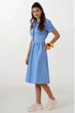 Kadın Açık Mavi Kısa Kollu Beli lastikli Yarım Düğmeli Göğüs Pensli Kot Elbise HZL22S-BD122101