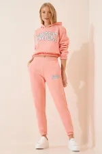 Women's Pink Hooded Printed Polar Fleece Top Crop Top with Underwire Tracksuit Set HZL23W-BD1553971