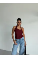 Kadın Bordo Ottoman Kumaş Halter Yaka Toka Detay Bluz HZL26W-FRY123321