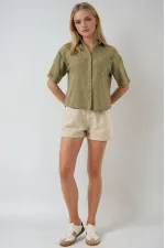 Kadın Haki Keten Görünümlü Crop Gömlek HZL25S-BD1203391