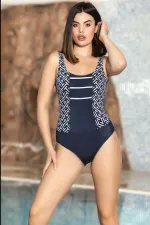 Maillot de bain femme bleu marine à col en U et doublure à motifs et détails en corde HZL24S-AR1877
