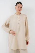6678 Keten Tunik Pantolon İkili Takım - Krem