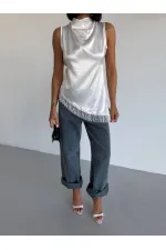 Women's White Halter Neck Asymmetrical Cut Fringe Detail Satin Blouse HZL26S-FRY123911