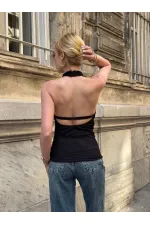 Kadın Siyah Boyundan Bağlamalı Gofre Kumaş Bluz HZL25S-ZK13631