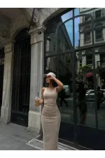 Kadın Bej Bisiklet Yaka Sıfır Kol Yıkamalı Fitilli Uzun Elbise HZL24S-VL1241071