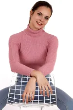 Women's Vivid Pink Turtleneck Ribbed Knit Sweater HZL22W-H100011