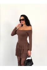 Robe mini marron sans bretelles pour femme, jupe à volants, modèle HZL25W-FRY123581