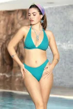 Kadın Turkuaz Taş Detaylı Boyundan İp Bağlamalı Arkası Kopçalı Üçgen Bikini Takımı HZL24S-AR1614-26