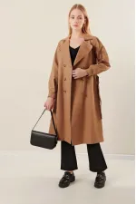 Women's Camel Double-Breasted Belted Unlined Seasonal Comfortable Trench Coat HZL22S-BD158531