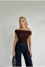 Women's Brown Green Side Draped Boat Neck Sandy Blouse HZL25S-FRY123201