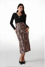 Kadın Kahverengi Leopar Desenli Saten Yüzeyli Beli Lastikli Midi Boy Etek Hzl23s-bd1101471