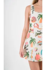 Kadın Krem Tropical Desenli Askılı Sırt Bağlamalı Kuşaklı Mini Elbise HZL24S-YY297