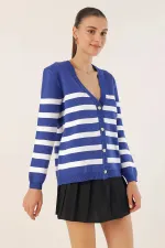 Cardigan en tricot à rayures bleu marine pour femme, coupe décontractée, col en V, HZL24W-BD1102151