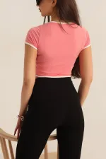 Kadın Pembe Beyaz Biyeli Kısa Kol Likralı SendyCrop Bluz HZL24S-SND190901