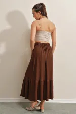 Women's Brown Elastic Waist Folded Long Skirt HZL23S-BD118861