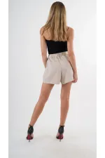 Kadın Bej Çizgili  Beli Lastikli Düğme Detaylı Cepli Şort HZL24S-YY277