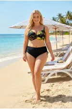 Ensemble bikini doublé grande taille à motif de feuilles noires et jaunes pour femme HZL26S-LC25153