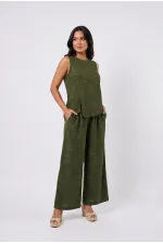 Women's Khaki Linen Textured Relaxed Fit Two-Piece Set HZL26S-VL15141 Women's Khaki Linen Textured Relaxed Fit Two-Piece Set HZL26S-VL15141
