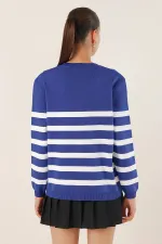 Cardigan en tricot à rayures bleu marine pour femme, coupe décontractée, col en V, HZL24W-BD1102151