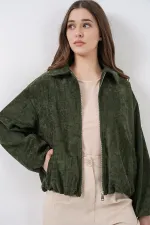 Kadın Büzgülü Oversize Kadife Ceket 0733 - Haki