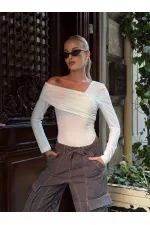 Kadın Beyaz Tek Omuz Asimetrik Kesim Bodysuit HZL25W-ZK11521