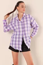 Kadın Lila Beyaz Ekose Gömlek HZL22W-BD1201451