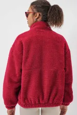 Kadın Kırmızı Baskılı Fermuarlı Suni Yünlü Astarlı Peluş Ceket HZL25W-BD151941