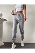 Pantalon de survêtement gris à poches et taille élastique pour femme, taille haute à 3 fils, HZL24W-ZK12321