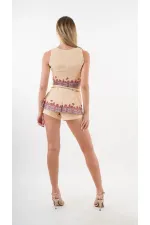 Kadın Sarı Etnik Desenli Beli Kuşaklı Bluz Şort İkili Takım HZL24S-YY261