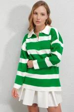 Pull oversize en maille à rayures vertes et col polo pour femme, zippé, HZL23W-BD145121