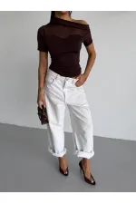 Kadın Kahverengi Tek Omuz Transparan Tül Detaylı Şık Sandy Bluz HZL26S-FRY123871