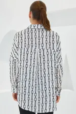 Women's Black and White Patterned Oversize Satin Shirt 3985