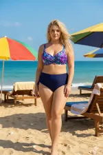 Ensemble bikini grande taille à armatures, à motifs violets, bleus et marine, gainant, HZL26S-LC2519