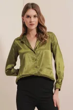 3964 Lightly Draped Satin Shirt - Light Khaki