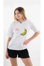 Women's White Yellow Banana House Printed Crew Neck T-Shirt HZL24S-YY302