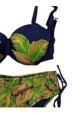 Kadın Lacivert Yaprak Desenli Taş İşlemeli Astarlı Bikini Takım HZL25S-LC3305