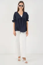 Kadın Önü Bağcıklı Kısa Kol Bluz 962 - Lacivert