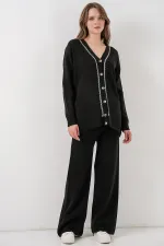 Ensemble deux pièces pour femme : cardigan, pantalon et tricot 15956 - Noir