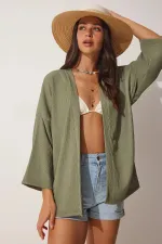 Veste texturée saisonnière kaki à col rabattu et ouverture sur le devant pour femme HZL22S-BD158621