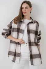 Women's Plaid Pattern Oversize Lumberjack Shirt 3854 Biscuit