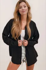 Kadın Siyah Tek Cepli Oversize Keten Ayrobin Gömlek HZL24S-BD1201531