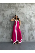 Kadın Pembe Beyaz Detaylı Asimetrik Kesim V Yaka Ayarlanabilir İp Askılı Elbise HZL24S-MJ113041