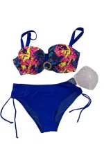 Kadın Saks Mavi Renk Desenli Toka Detaylı  Astarlı Bikini Takım HZL25S-LC3322